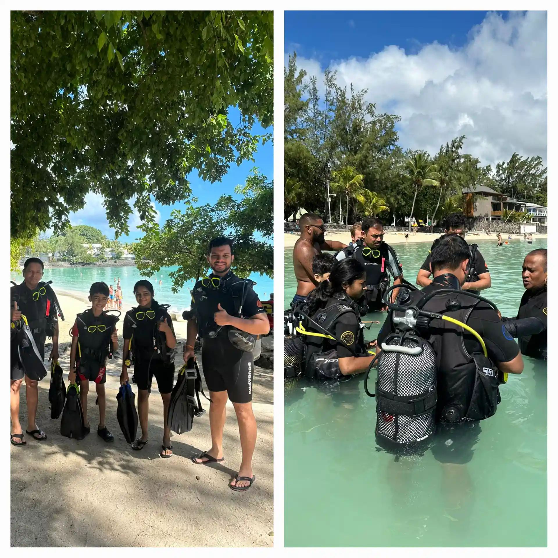 Confined-water skills practice in the shallow Pereybere Beach lagoon.