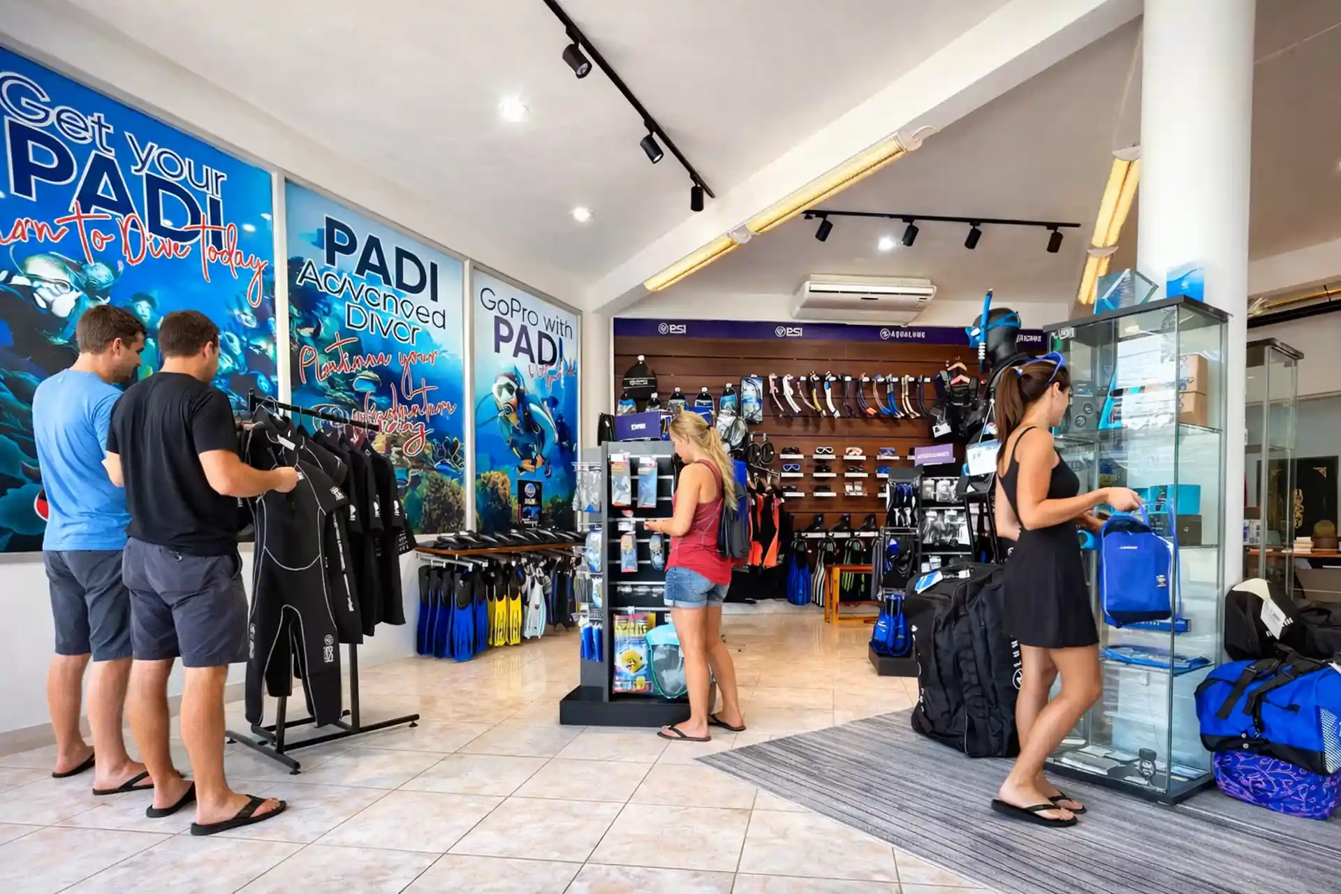 A vibrant Phuket dive shop where divers gear up, plan courses and get ready for the Andaman Sea.