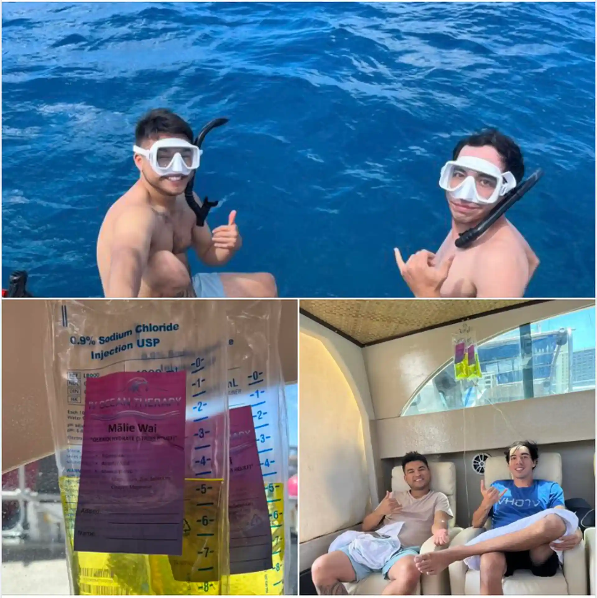 Two men snorkeling in clear blue water, giving thumbs-up, showing joy and excitement.
Close-up of IV therapy bags labeled 