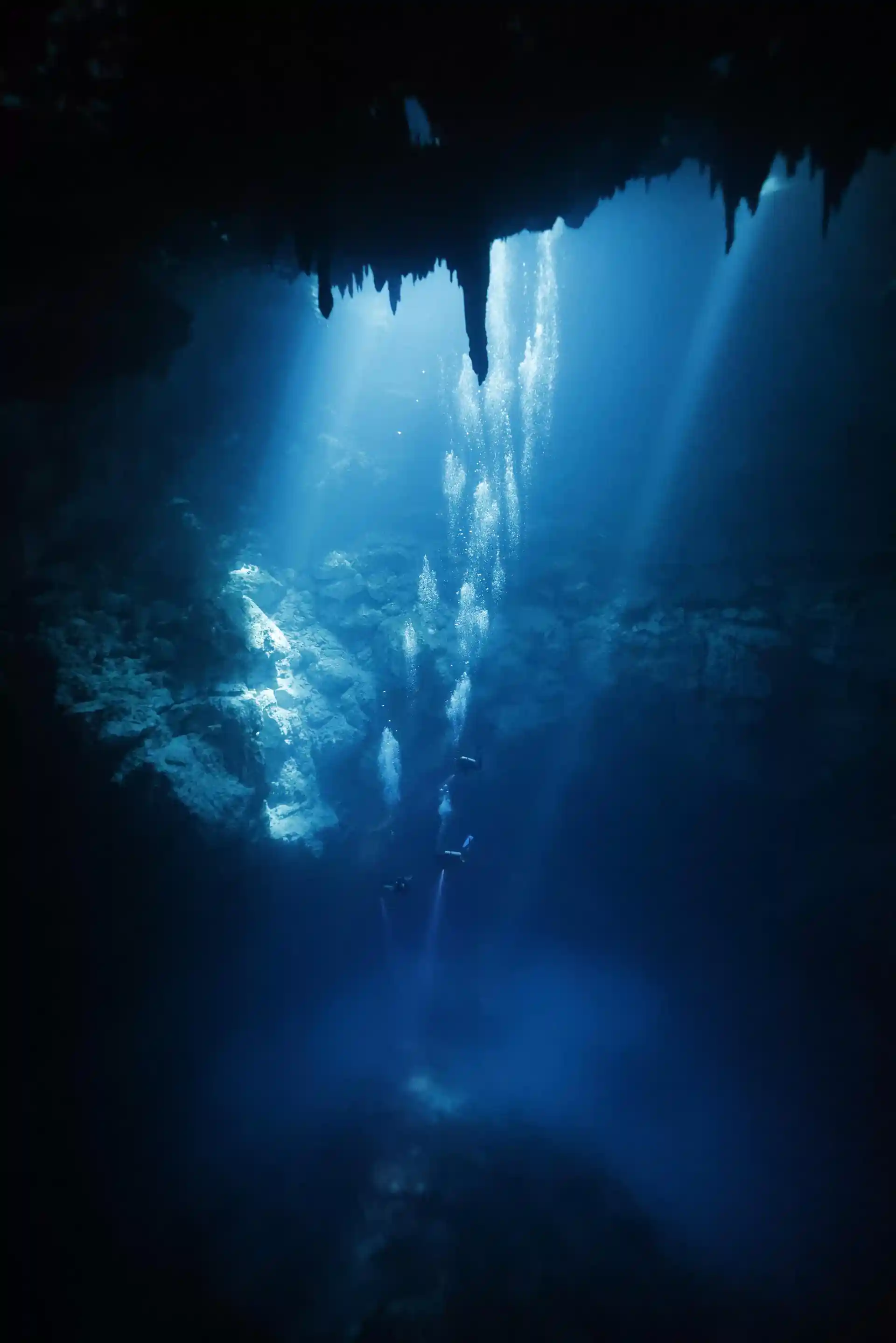 Descend into the depths of El Pit, a dramatic vertical cenote featuring crystal-clear water, stunning light beams, and a mysterious hydrogen sulfide cloud at 30 meters.