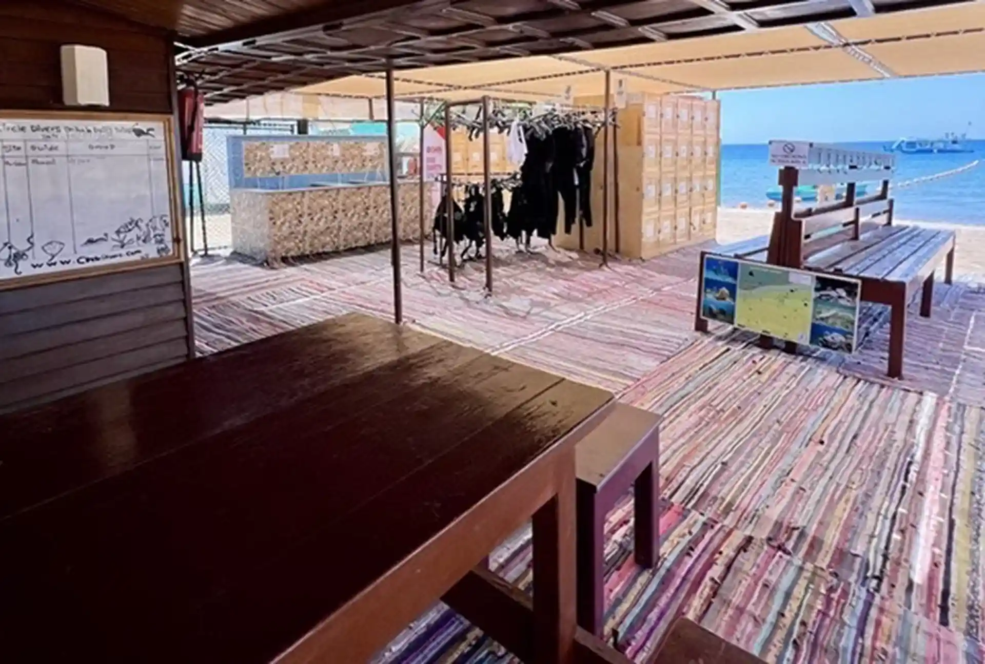 Rinsing Area, Dry Area, Lockers, setup area and sitting area.